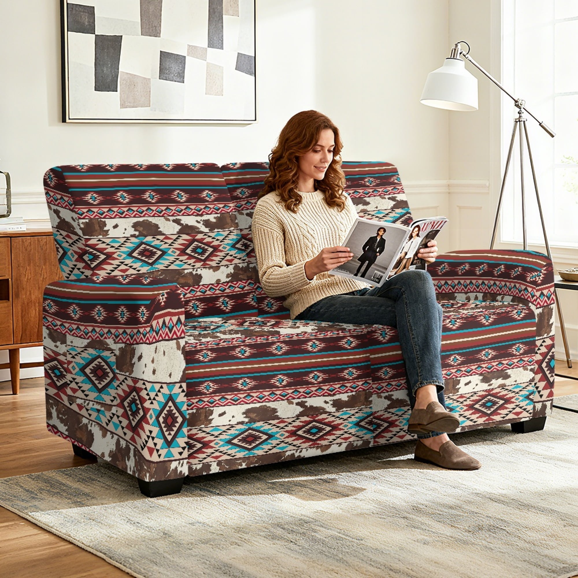 TSOVTHRID Aztec Tribal Cow Pattern Reclining Loveseat Slipcovers, 6-Piece Soft Stretch Sofa Cover, 2 Seat Washable Loveseat Recliner Covers for Dogs Cats