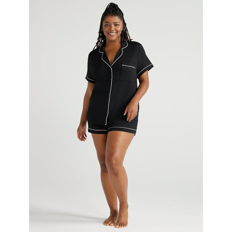 Joyspun Women's Short Sleeve Notch Collar Top and Shorts Knit Pajama Set,  2-Piece, Sizes S to 3X 