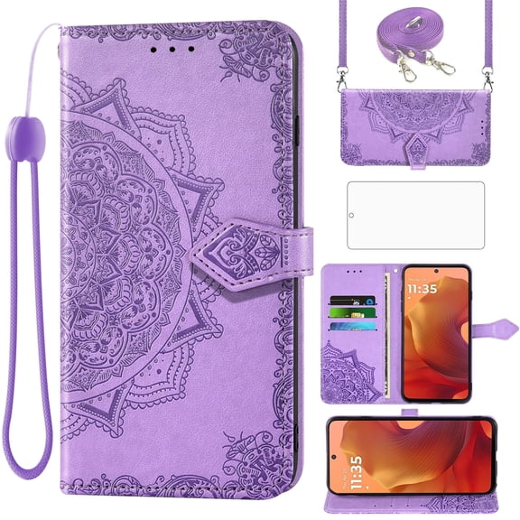 Asuwish Screen Protector Included Mandala Flower Hard Shell Wallet Cell Phone Case with Tempered Glass Screen Protector for Motorola Moto G15, Purple