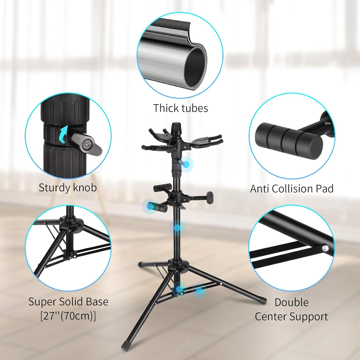 Triple Guitar Stand - Heavy Duty 3 Guitar Stand for Acoustic/Electric/Bass/Banjos, Auto-Lock Folding Design, Non-Slip Base & Anti-Rust - Portable for Stage/Travel/Studio GGS-06T