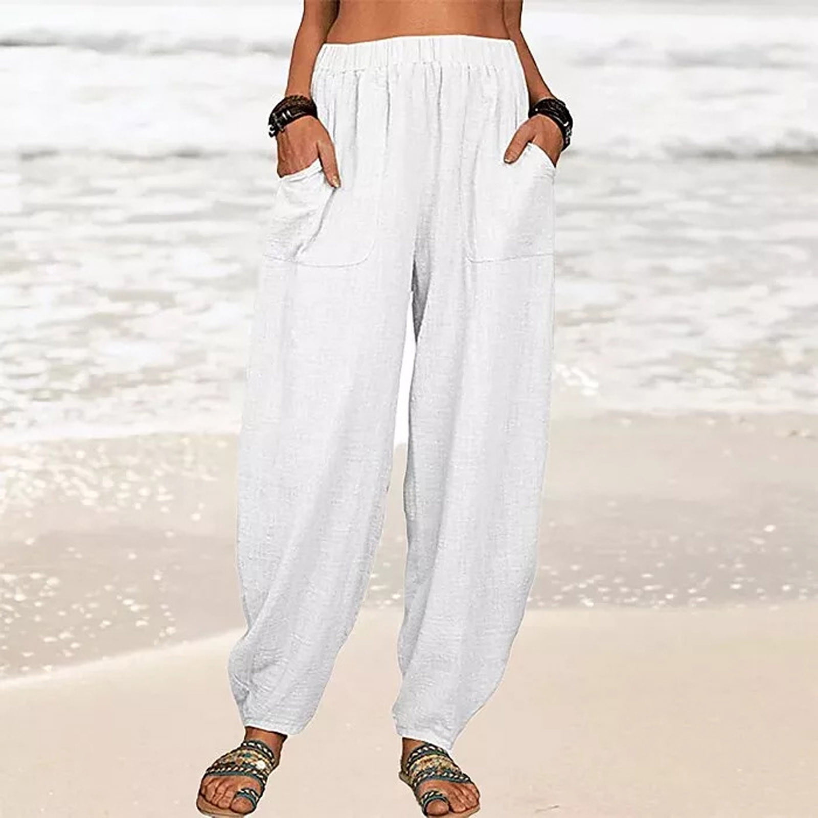 Men Cotton Linen Pants Elasticated Waist Casual Beach Trousers  Fruugo IN