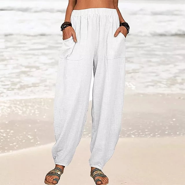 drppepioner Mode Femmes Été Décontracté Ample Coton et Lin Poche Pantalon Uni Pantalons
