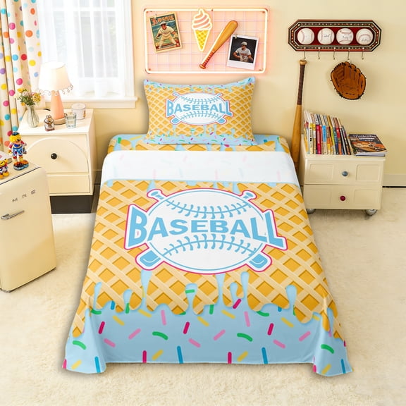 Erosebridal Light Blue Waffle Baseball & Bat Logo Graphic Twin Sheet Sets 3pcs, Baseball Graphic Bedding for Boys And Girls Kids,Super Cozy Room Decor