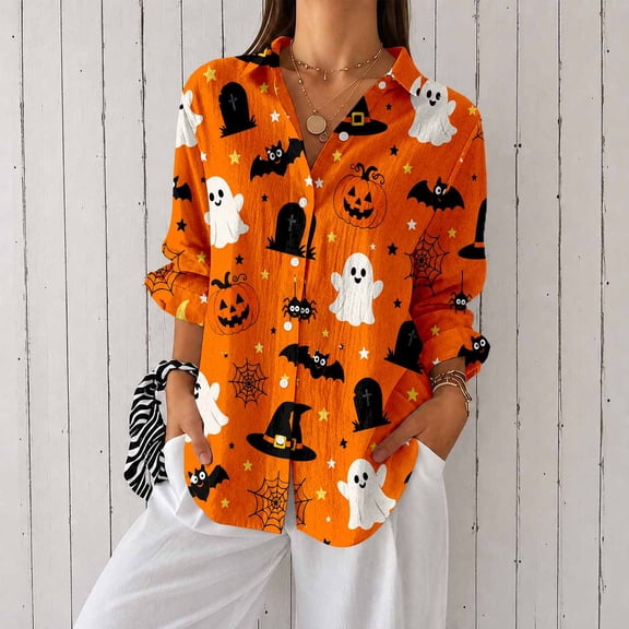Nyfairy Plus Size Women's Halloween Print Long Sleeve Button Down Casual Shirt