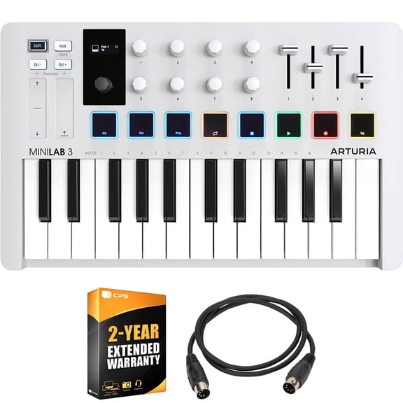 Arturia MiniLab 3 25-Key MIDI Controller Keyboard, White 231501 Bundle with 2 YR CPS Extended Warranty and OnStage MDC-5 5-Ft Male-to-Male MIDI Cable