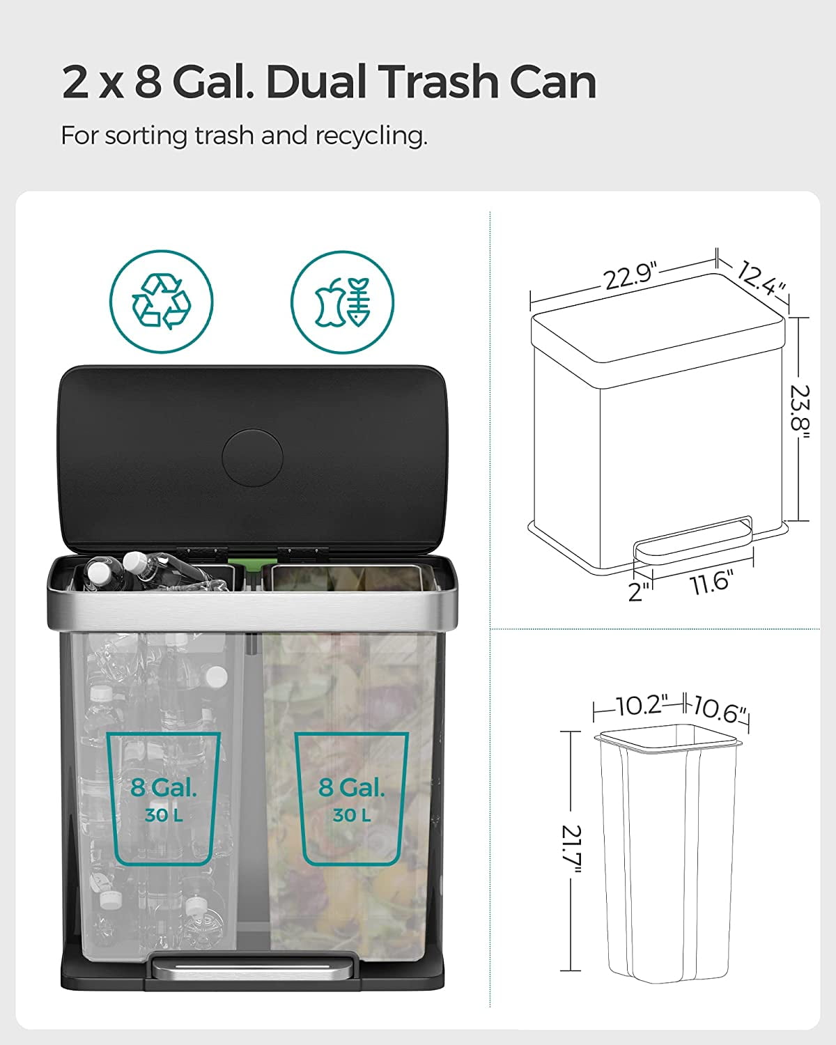 Dual Trash Garbage Can, 16 Gal (60L) Rubbish Bin and 15 Trash Bags,  ULTB60NL