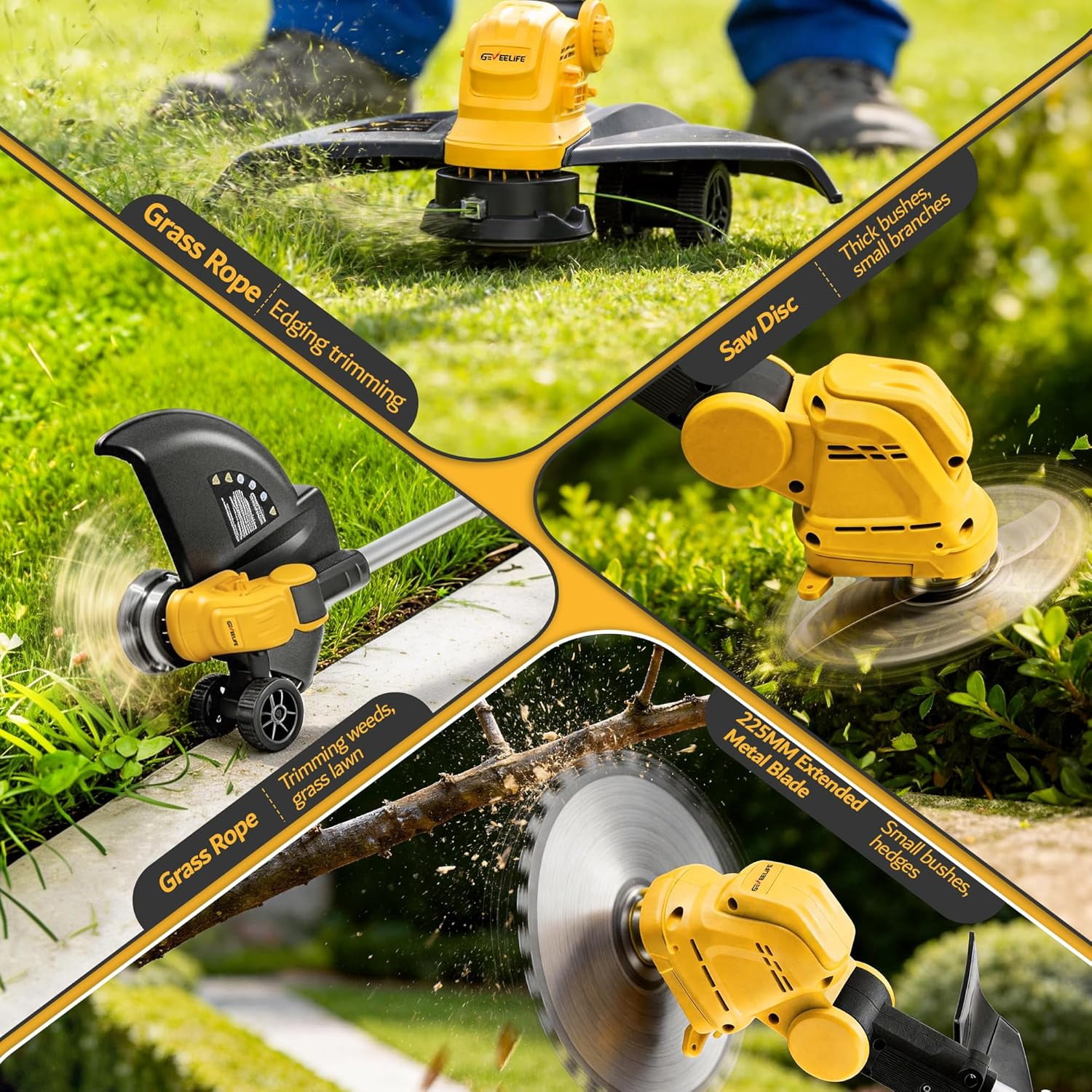 GEVEELIFE Bruchless Electric Weed Wacker String Trimmer,21V Cordless Weed Eater and Edger, 15'' Cutting Width with 2*5.0Ah Batteries Powered Brush Cutter, 4 in 1 Lawn Mower , Eco Friendly Grass Cutter