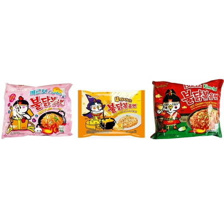 3 Packs Samyang Korean Artifical Spicy Chicken Stir Fried Ramen Roasted Noodles 3 Different Flavors (Carbonara,Quattro Cheese,kimichi) Plus NineChef Brand Long Handle Coffee Spoon