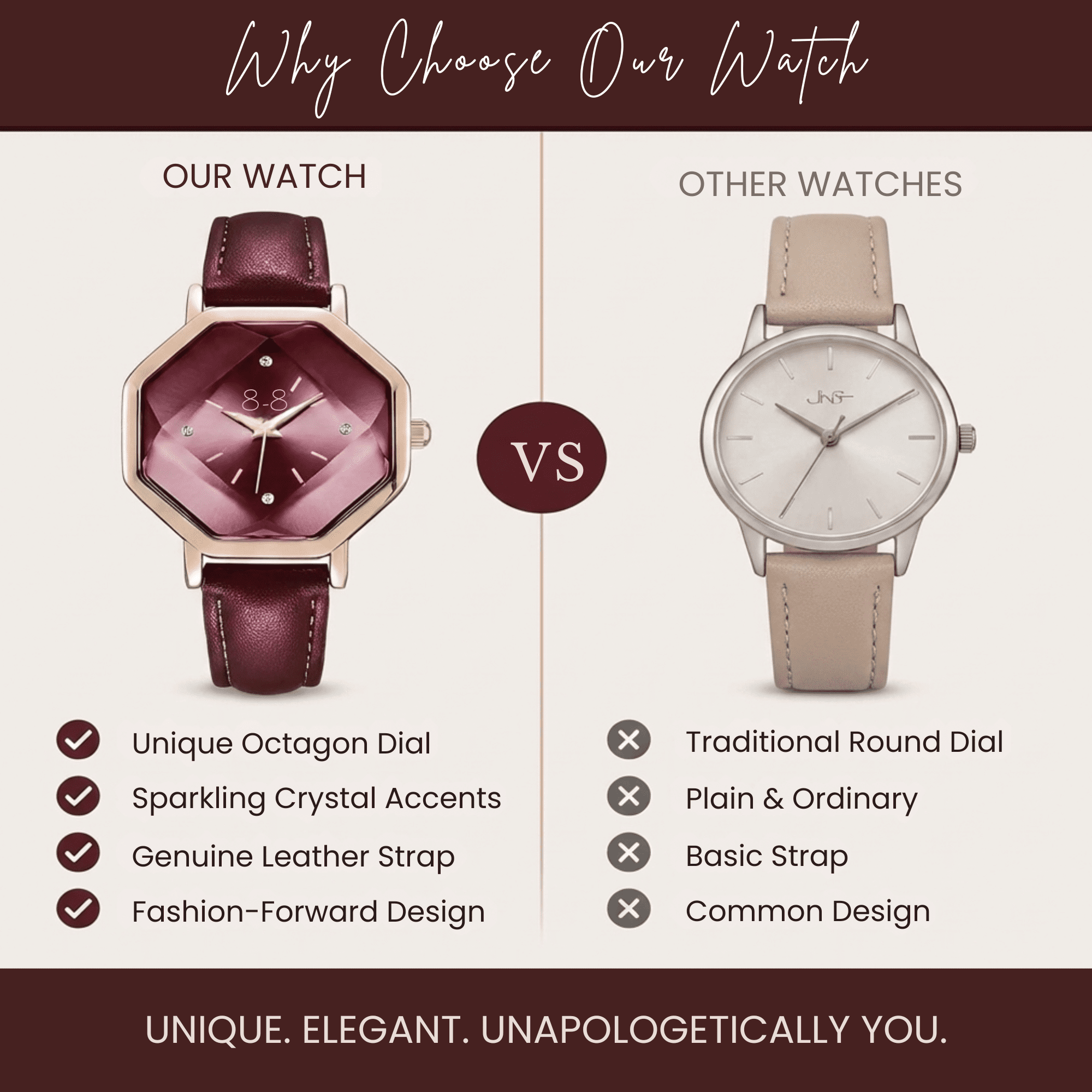 Women’s Fashion Leather Watch – Octagon Dial, Rose Gold Case, Quartz Movement, Elegant Minimalist Dress Watch for Women, Gift for Her
