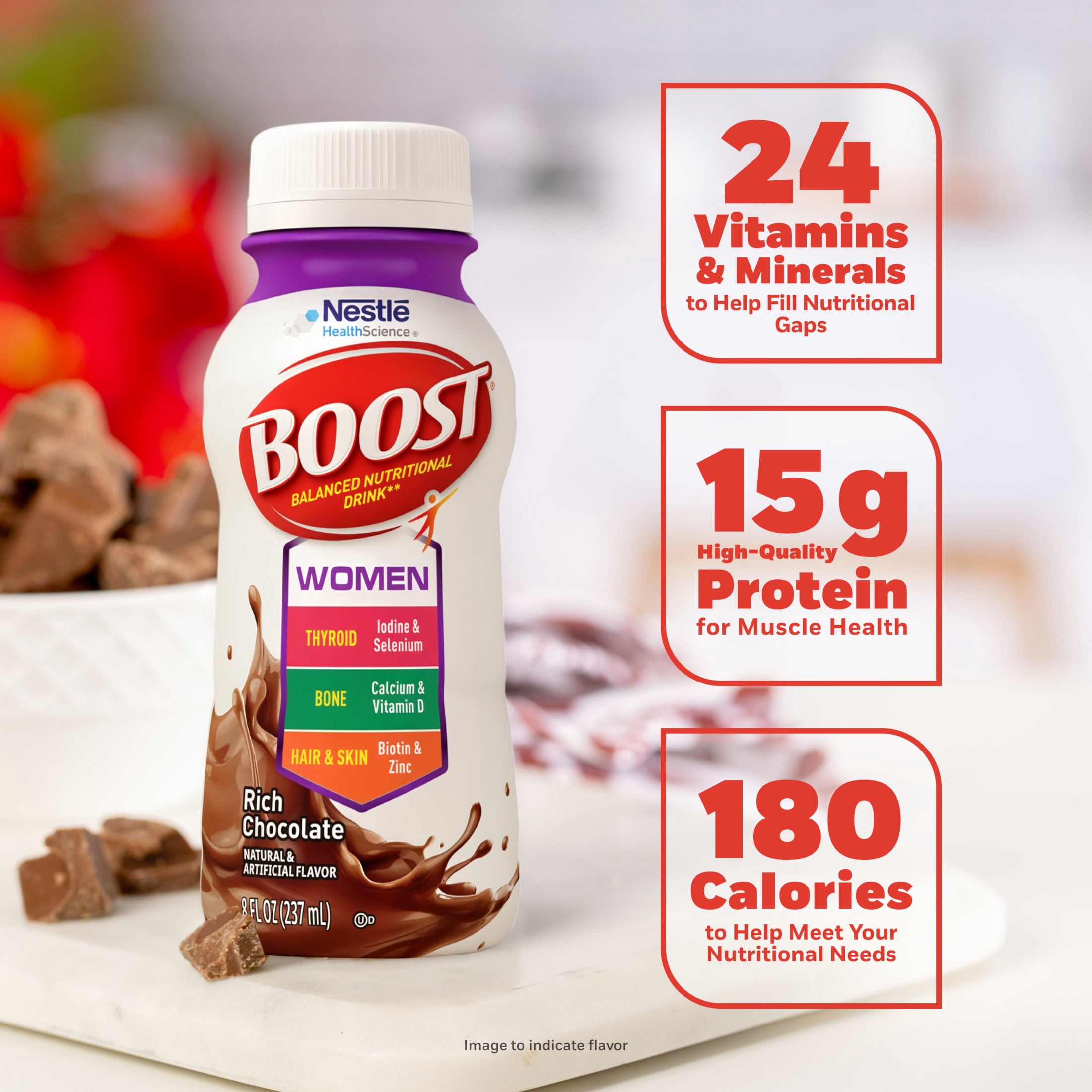BOOST Women Nutritional Protein Drink Shakes with Biotin and Zinc, Rich Chocolate, 8 fl oz, 6 Pack