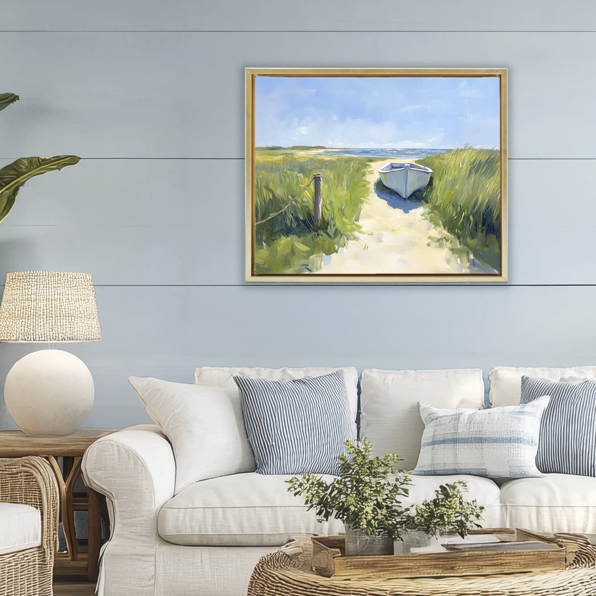 Stupell Industries Moored Boat on Path Gold Framed Floater Canvas Wall Art, design by Sisi and Seb