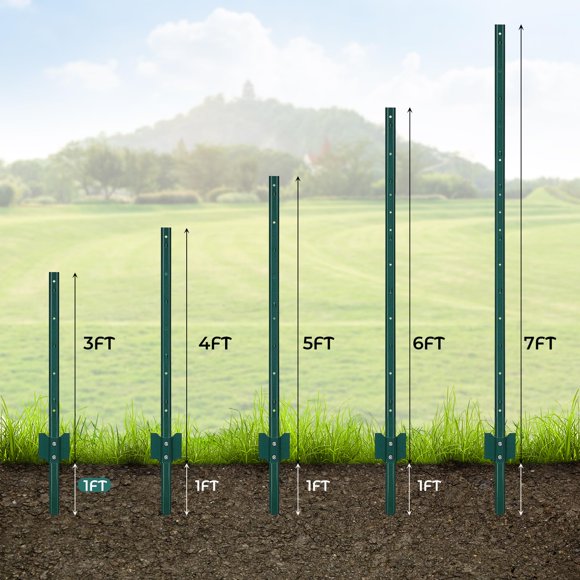 GloryStar Garden Fence Post, Heavy Duty Steel Fence Stakes, 3/4/5/6/7Ft Durable Metal Posts for Farm and Wire Fencing