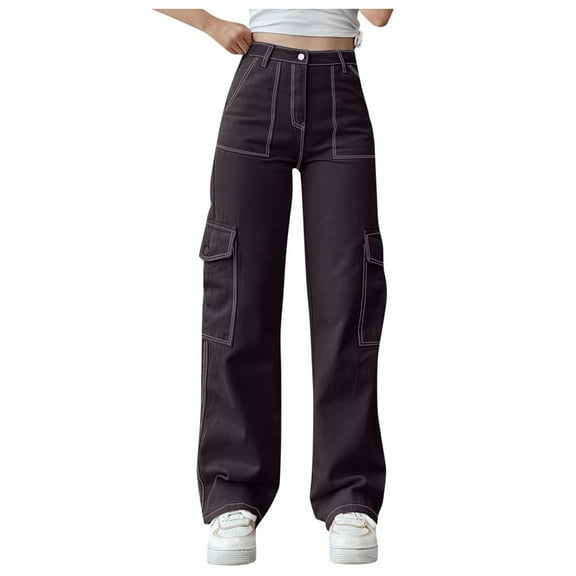RUTAYY Women's Casual Cargo Pants Mid Waist with Pocket Daily Wear Holiday Vibrant Trousers