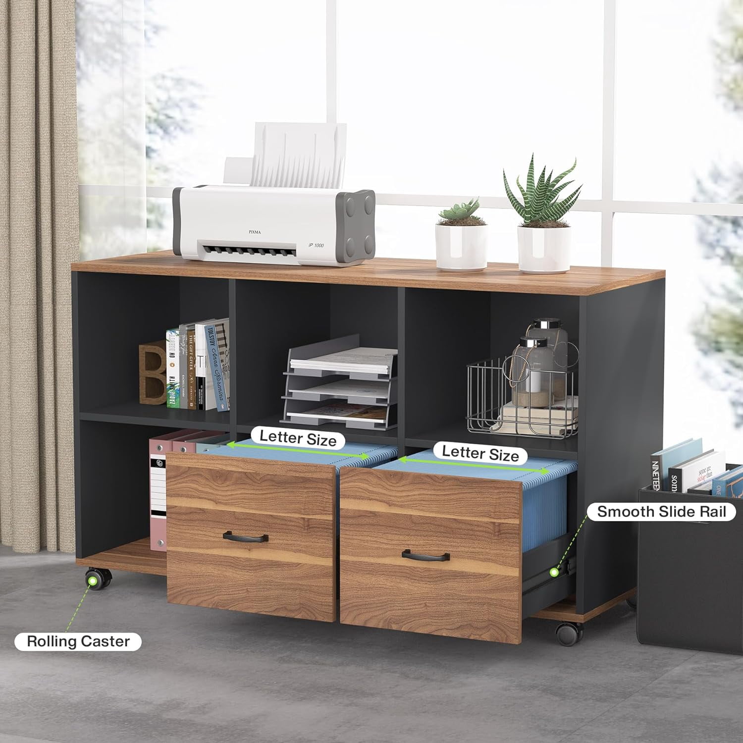 Tribesigns 63 Inch L Shaped Executive Desk and 47" Lateral File Cabinet, Home Office Business Furniture with Drawers and Storage Cubes, Walnut and Black