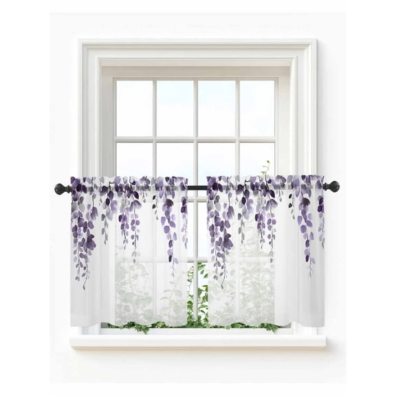 Purple Eucalyptus Leaves Tier Curtains 36 Inch Length,Sheer Curtains for Bedroom Living Room Window Watercolor Summer Botanical Voile Drapes Kitchen Curtains Small Half Window 27.5"x36" 2 Panels