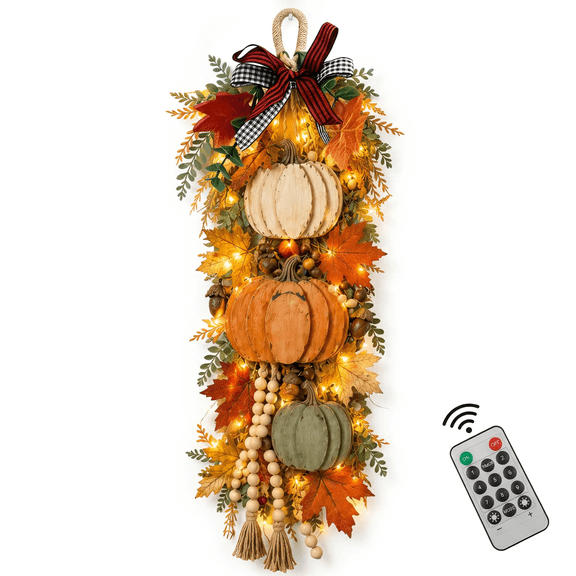 VCIKBT Wooden Pumpkin Door Hanger with Warm LED Lights and Timer, Handcrafted Outdoor Fall Decor for Front Door Porch, Weather-Resistant Autumn Welcome Sign