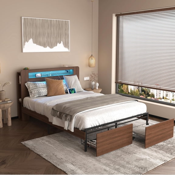 AENKYO Full Size Bed Frame with Bookshelf Headboard, Charging Station, 2 Drawers & Smart LED Lights, Walnut Color