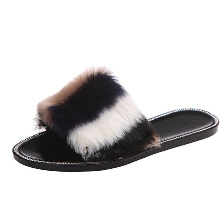 

Youmylove Women Slide Slippers Fashion Summer Color Matching Furry Slippers Flat Slippers Sandals Stylish Female Cozy Daily Walking