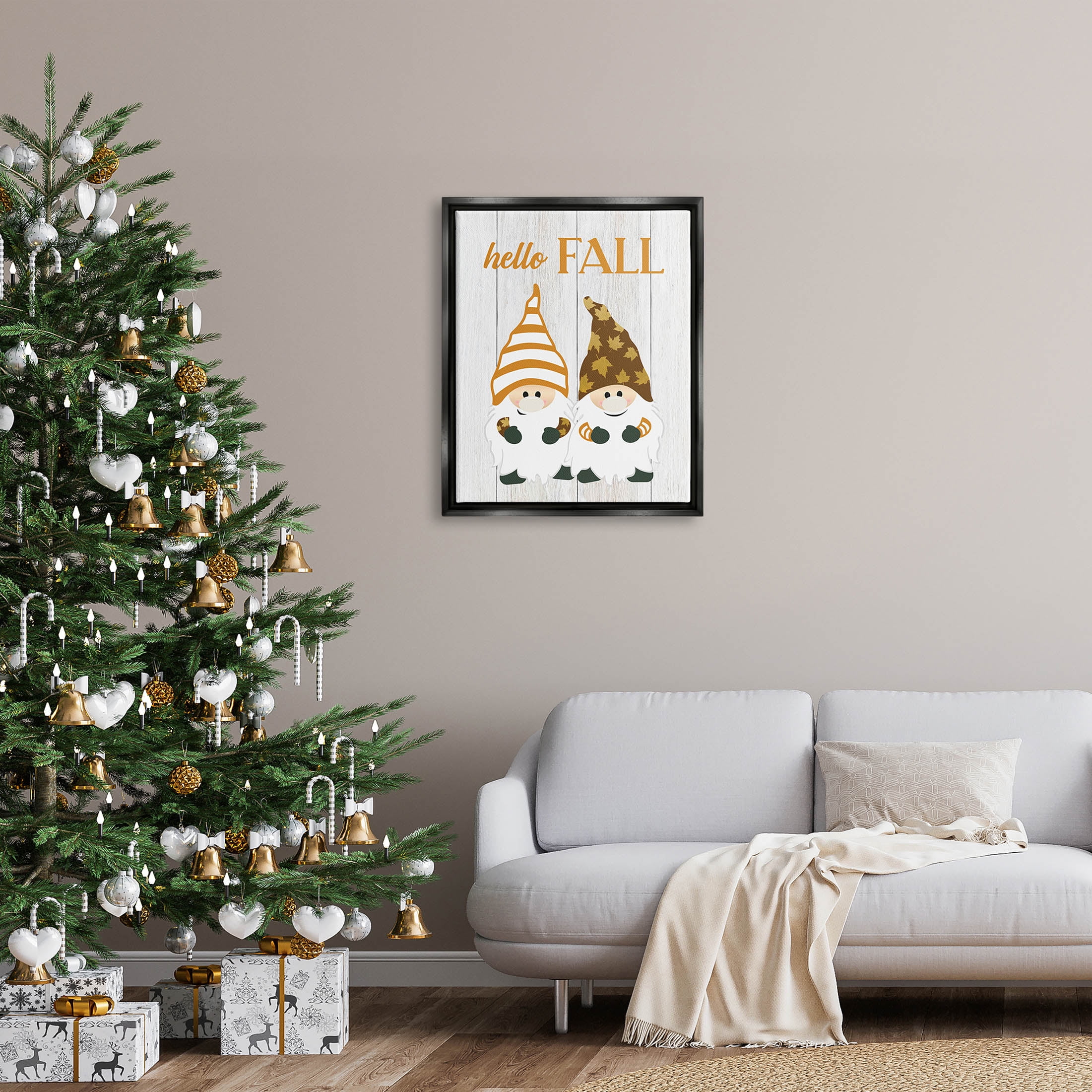 Stupell Industries Hello Fall Whimsical Gnomes Graphic Art Jet Black Floating Framed Canvas Print Wall Art, Design by CAD Designs