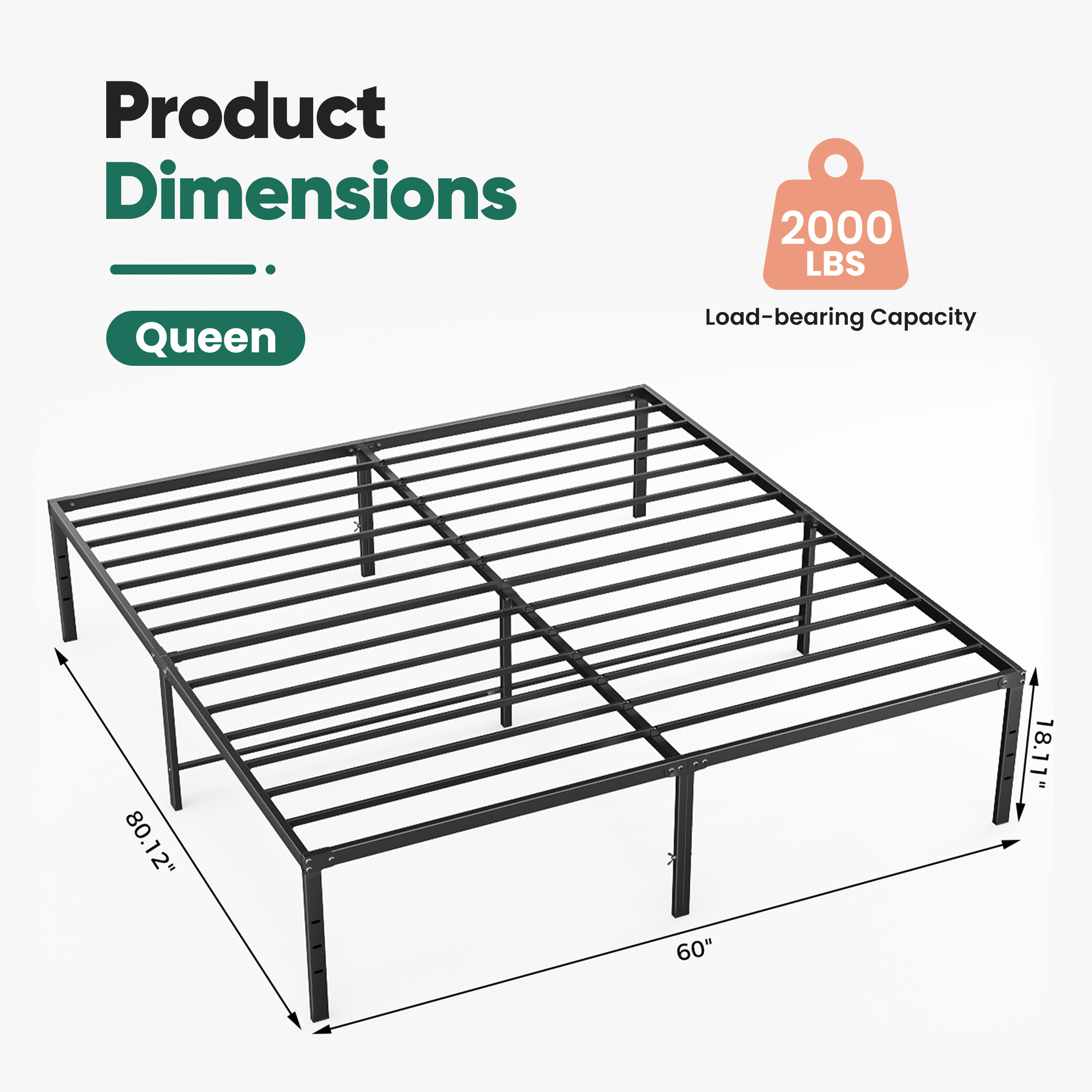EDX 18 Inch Queen Metal Platform Bed Frame, Black photo 4