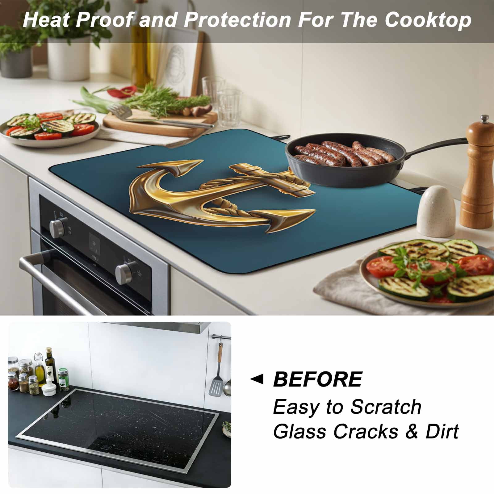 Yellow Anchor Stove Top Cover for Electric Stove, Heat-proof & Non Slip Glass Top Stove Cover Protector, Coastal Nautical Anchor Turquoise Kitchen Flat Cooktop Rubber Mat 24x21 Inches