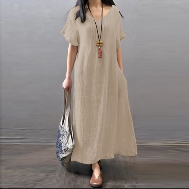 Baikeli Robes en Liquidation Robes en Coton et Lin pour Femmes Robe d'Invité de Mariage Robe d'Été Couleur Unie Tenues Ajustées Robe de Plage Robe Maxi de Vacances Robes pour Femmes 2024