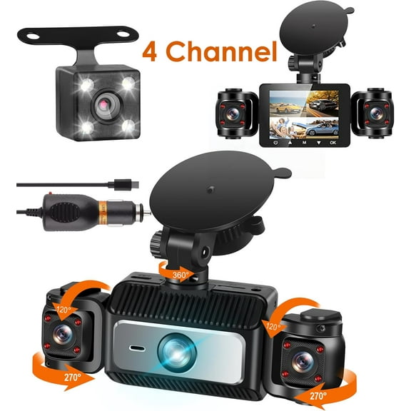 360° 4 Channel Dash Cam - G-Sensor Loop Recording, FHD 1080P Front Rear Inside, Night Vision 24H Parking Mode, 2.4inch IPS Car Traffic Recorder