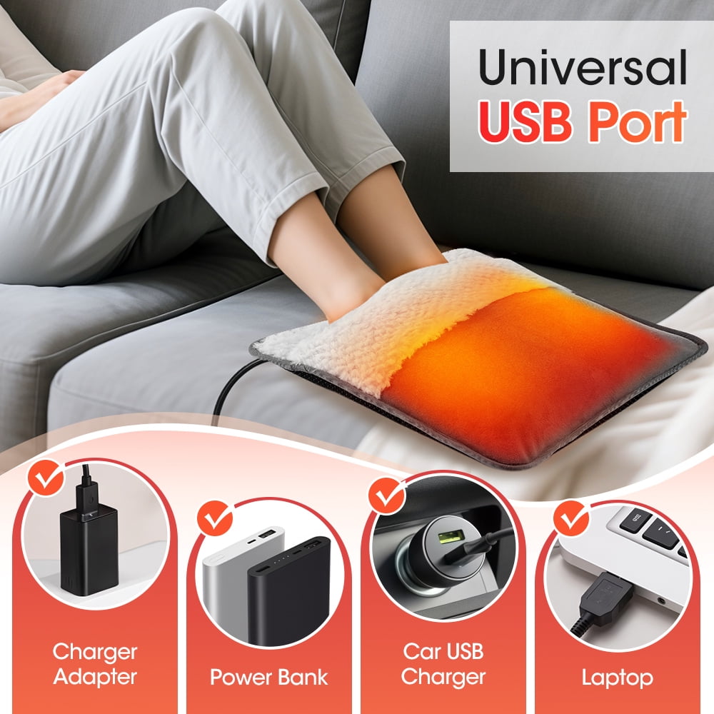 Electric Foot Heating Pad, USB Foot Warmer Mat with Constant 50°C Heat, Fast Heating, Machine Washable, Soft Plush, Non-Slip, 42.7in Power Cord for Home, Office