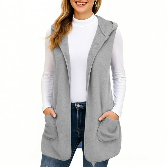 Women's Fuzzy Fleece Vest Oversized Sleeveless Sherpa Jacket Casual Lightweight Hooded Outerwear with Pockets Light Gray M