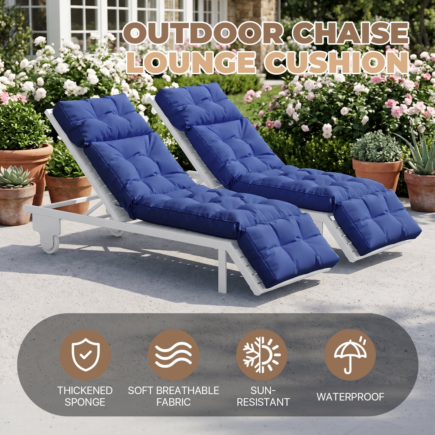 BaPiPro Set of 2 Upgraded 4-Segment Chaise Lounge Cushions, All-Weather Tie Fastened Pads with Plush PP Cotton, for Patio, Poolside & Balcony, Navy Blue