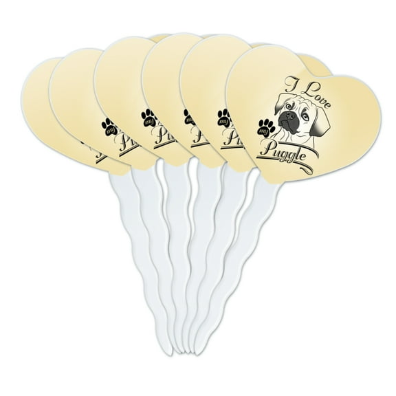I Love My Puggle Heart Love Cupcake Picks Toppers Decoration Set of 6