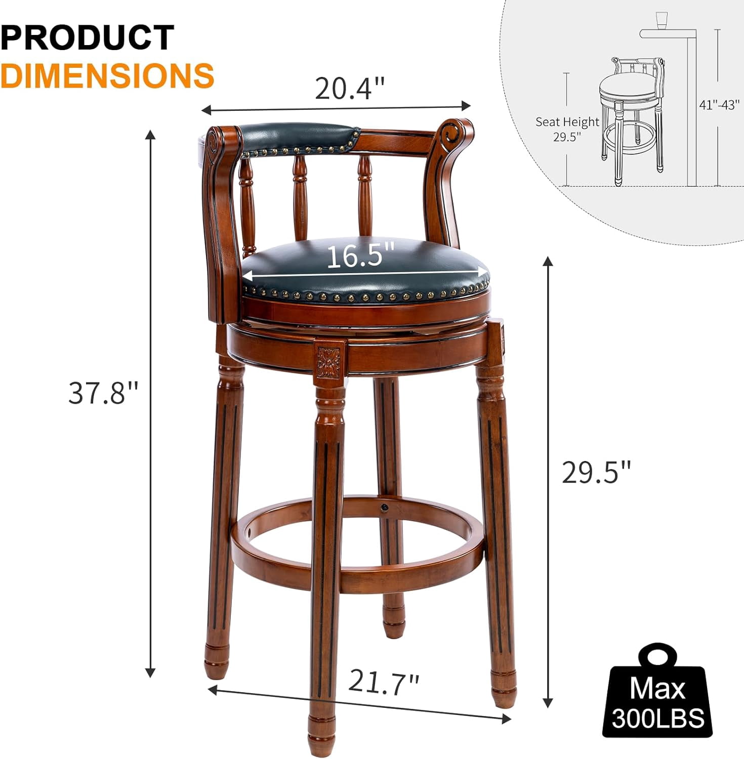 Aulife Bar Stools Genuine Leather Counter Height barstool Wooden Swivel kitchen Stool with Footrest for Kitchen Dining Room(navy seat, Counter-29.5" seat height)