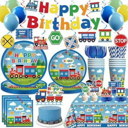 50 Guests Train Birthday Decorations Train Theme Party Tableware Includes Train Plates and Napkins for Birthday Steam Train Party Supplies Banner Balloons Cake Toppers Tablecloth Train Decor