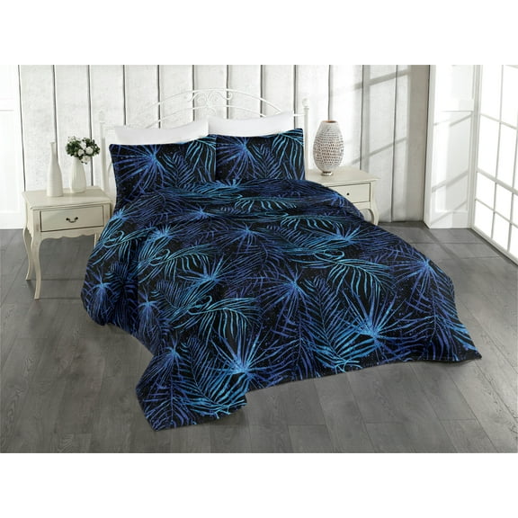 Ambesonne Tropical Leaves Quilted Bedspread Set 3 Pcs, Aquatic Colors Leaf, King, Dark Lavender Indigo