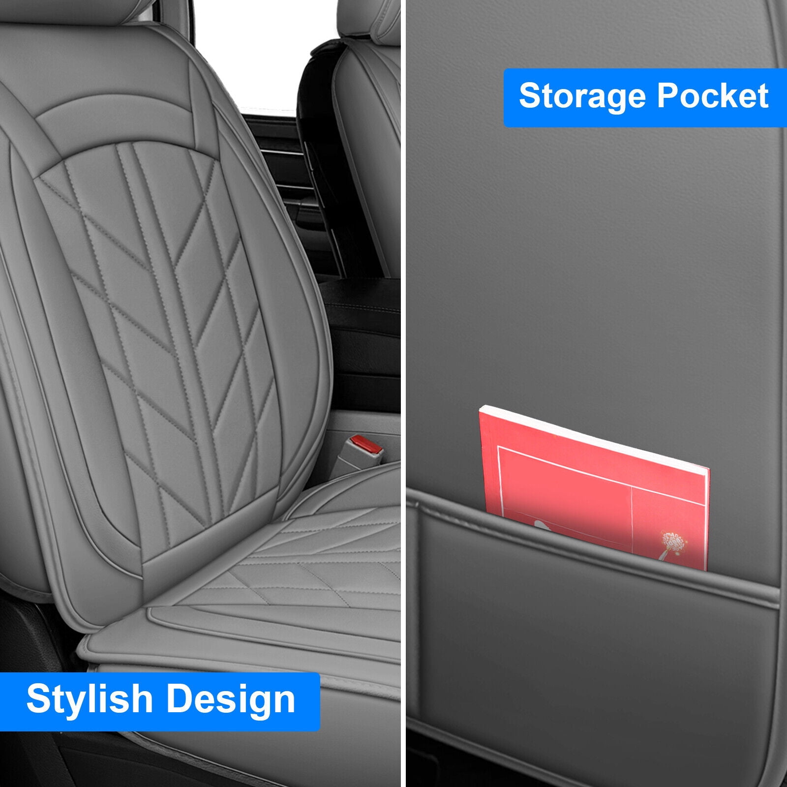 FANOTEK Gray, PU Leather, Cushioned, Front Rear Seat Covers