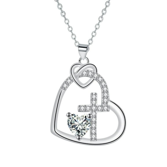 Rynsito Cross Necklace for Women, Sterling Silver Heart Birthstone Necklace Religious Birthday Gifts for Mom Wife Girlfriend Daughter