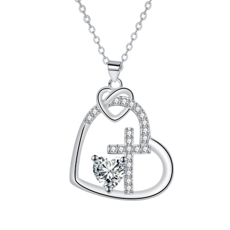 Rynsito Cross Necklace for Women, Sterling Silver Heart Birthstone Necklace Religious Birthday Gifts for Mom Wife Girlfriend Daughter