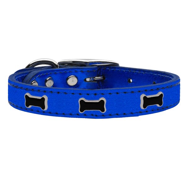Black Bone Widget Genuine Metallic Leather Dog Collar Blue