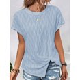 thumbnail image 2 of Top de manga corta para mujer, camisa con cuello redondo y dobladillo dividido, camisa informal de Color puro, Top holgado de verano, azul claro XXL, 2 of 5