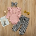 thumbnail image 2 of Mercatoo Toddler Baby Girl Clothes Ribbed Ruffle Sleeve Romper + Stripe Pants + Headband Cute Baby Girl Outfit 3Pcs, 2 of 7
