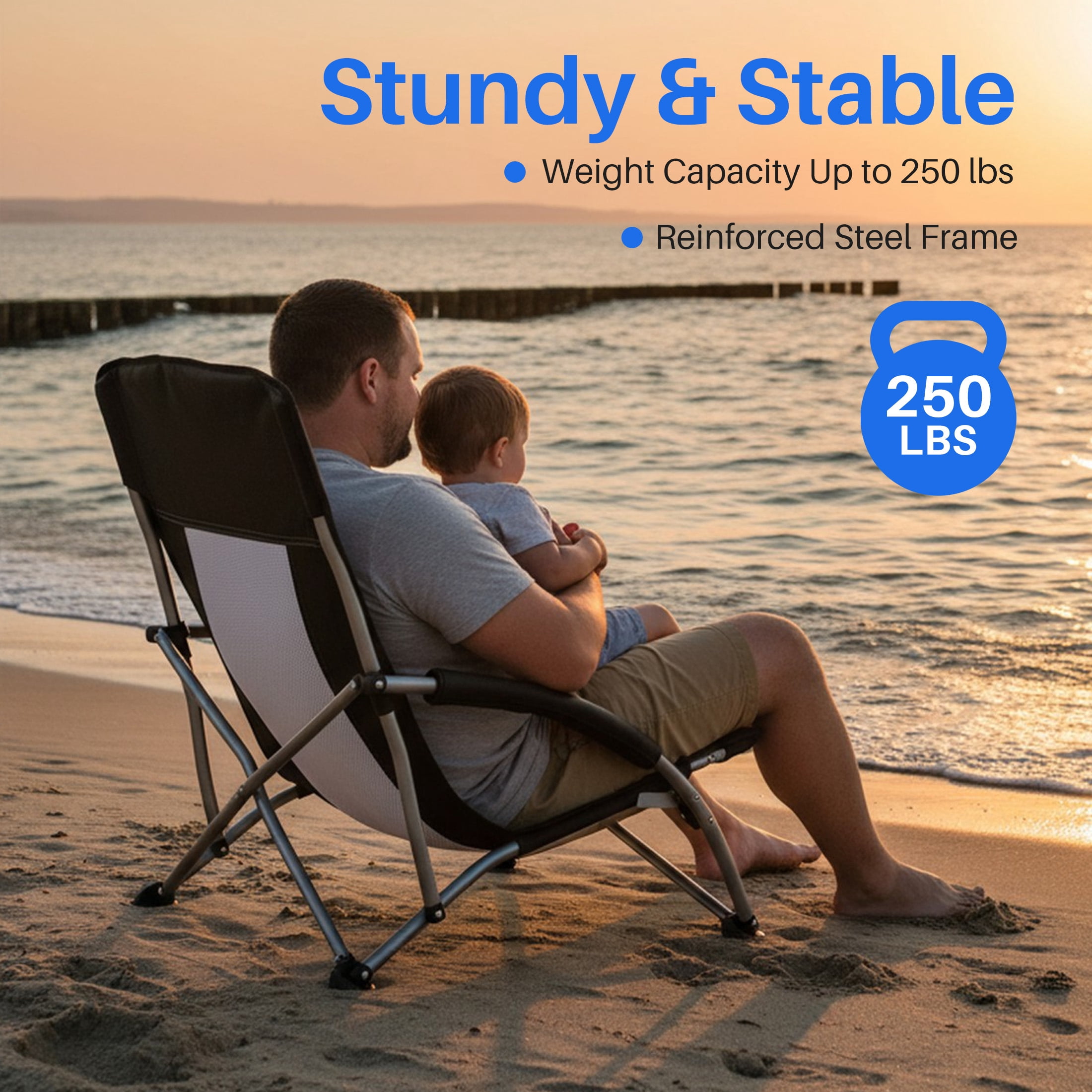 EDX Low Profile Camping Chair Portable Folding Beach Chair W/ Bag - Heavy Duty Breathable for Outdoor, Black