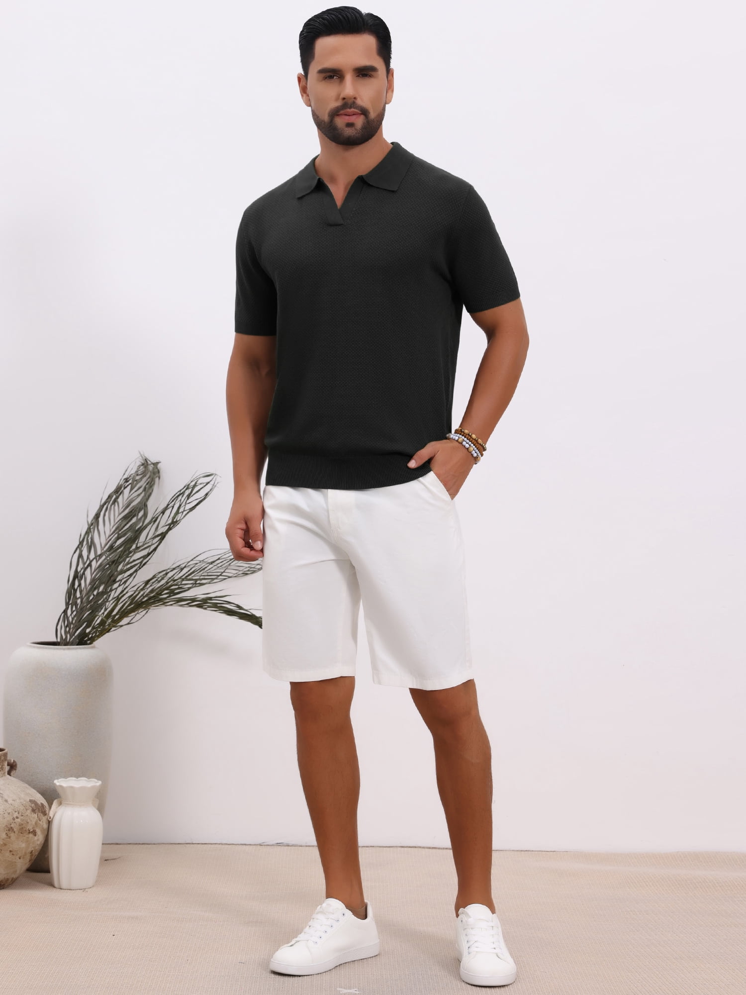 DARING DIVA Men's Textured Knit V Neck Short Sleeve Casual Golf Polo Shirt L Black