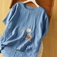 thumbnail image 2 of Women Cotton Linen Shirt Blouse V/Round Neck 3/4 Ruffle Sleeve Summer Fall Retro Embroidered Casual Loose Pleated Tunic Tee Tops,Blue,L, 2 of 5