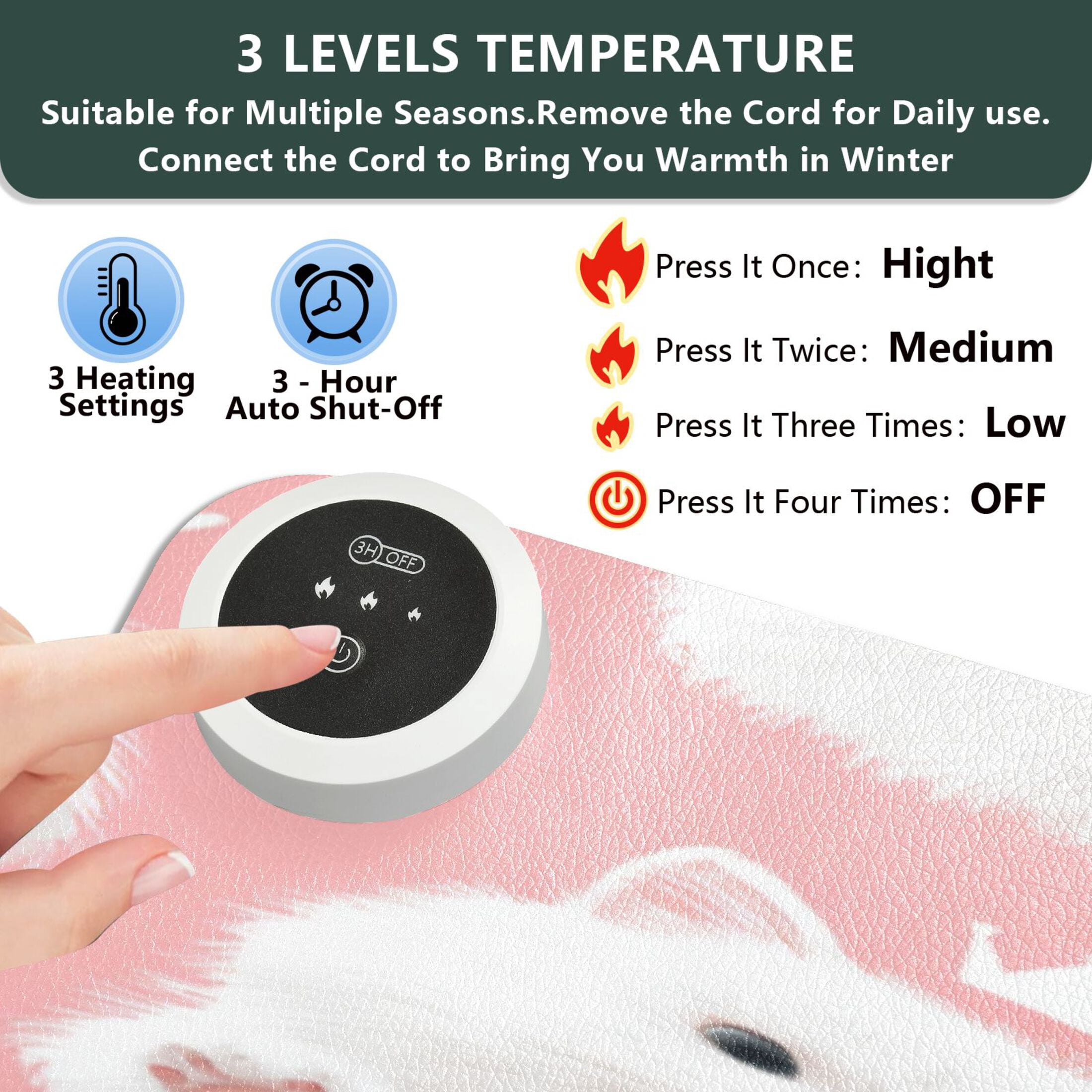 Large Heated Desk Mat Mouse Pad 31.5"x13"PU Leather Graphene Heating Desk Warmer with 3 Temperature Settings 110V US Plug Non-Slip Warm Pad for Home, Office, and Gaming Happy White Cat Face
