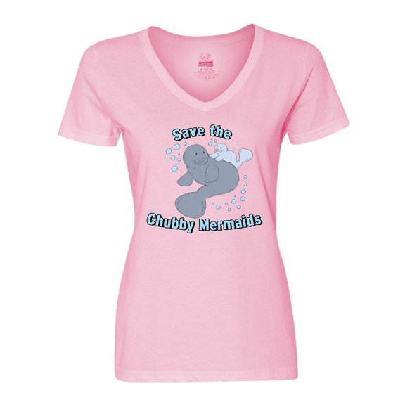 Inktastic Save the Chubby Mermaids with Cute Manatees Women's V-Neck T-Shirt