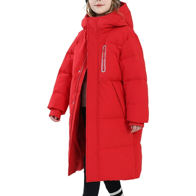 Fnhpitd Manteau Long à Capuche pour Enfants, Chaud pour Garçons et Filles, Hiver, Rouge, 140/L