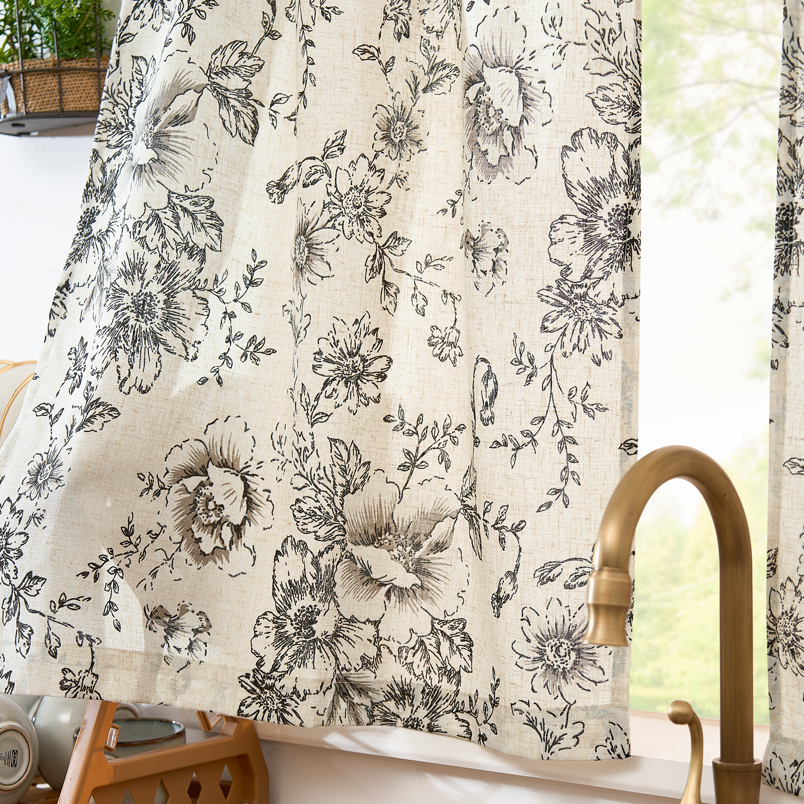 Curtainking Linen Kitchen Curtains Floral Cafe Curtains 26x45 inch Farmhouse Cafe Curtains for Living Room 2 Panels Black