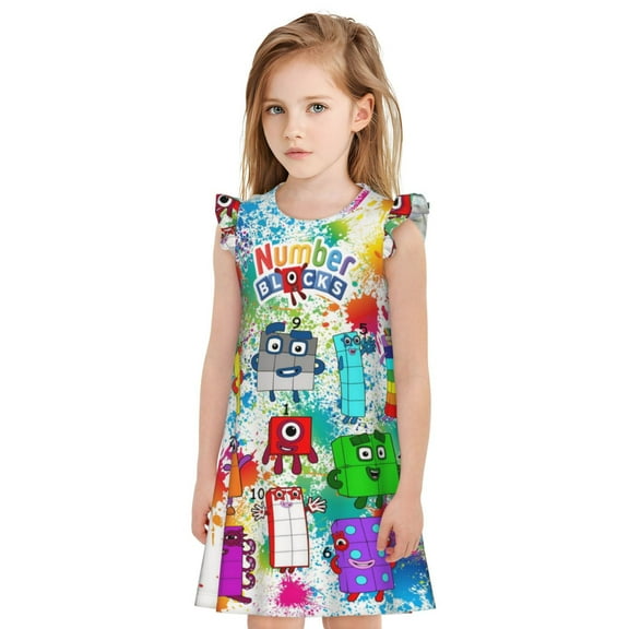 Girls Number Block Pajamas Dress Cartoon Printed Nightgowns Flutter Sleeve Sleepwear Nightdress Nightshirt