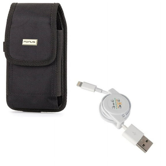 USB Cable w Case Belt Clip for iPhone 8/7/6S/6 - Retractable Charger Power Cord Sync, Swivel Holster Rugged Cover Pouch for iPhone 8/7/6S/6 Models