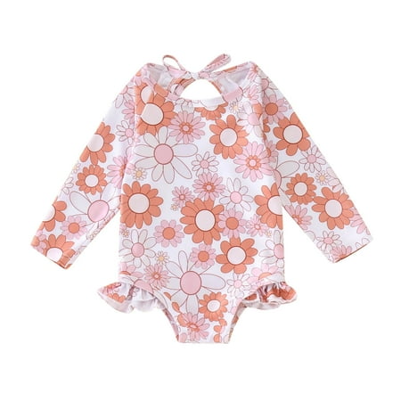 QWIED Swimsuit for Girls Children Flower Printed Back Hollow Long Sleeve Bow Strap One Piece Ruffle Swimwear Bathing Suit Swim Suit Size 3-4